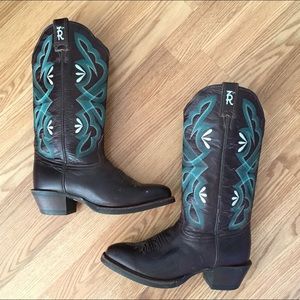 Tony Lama Western Riding Boots Brown & Turquoise Blue Leather 7.5B 🌵